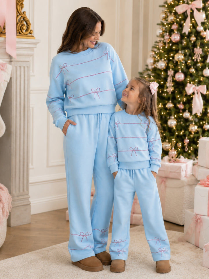 Mommy and Me Blue Sweet Bow Fleece Lounge Pant Set