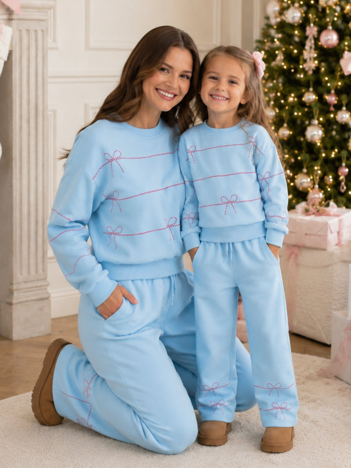 Mommy and Me Blue Sweet Bow Fleece Lounge Pant Set