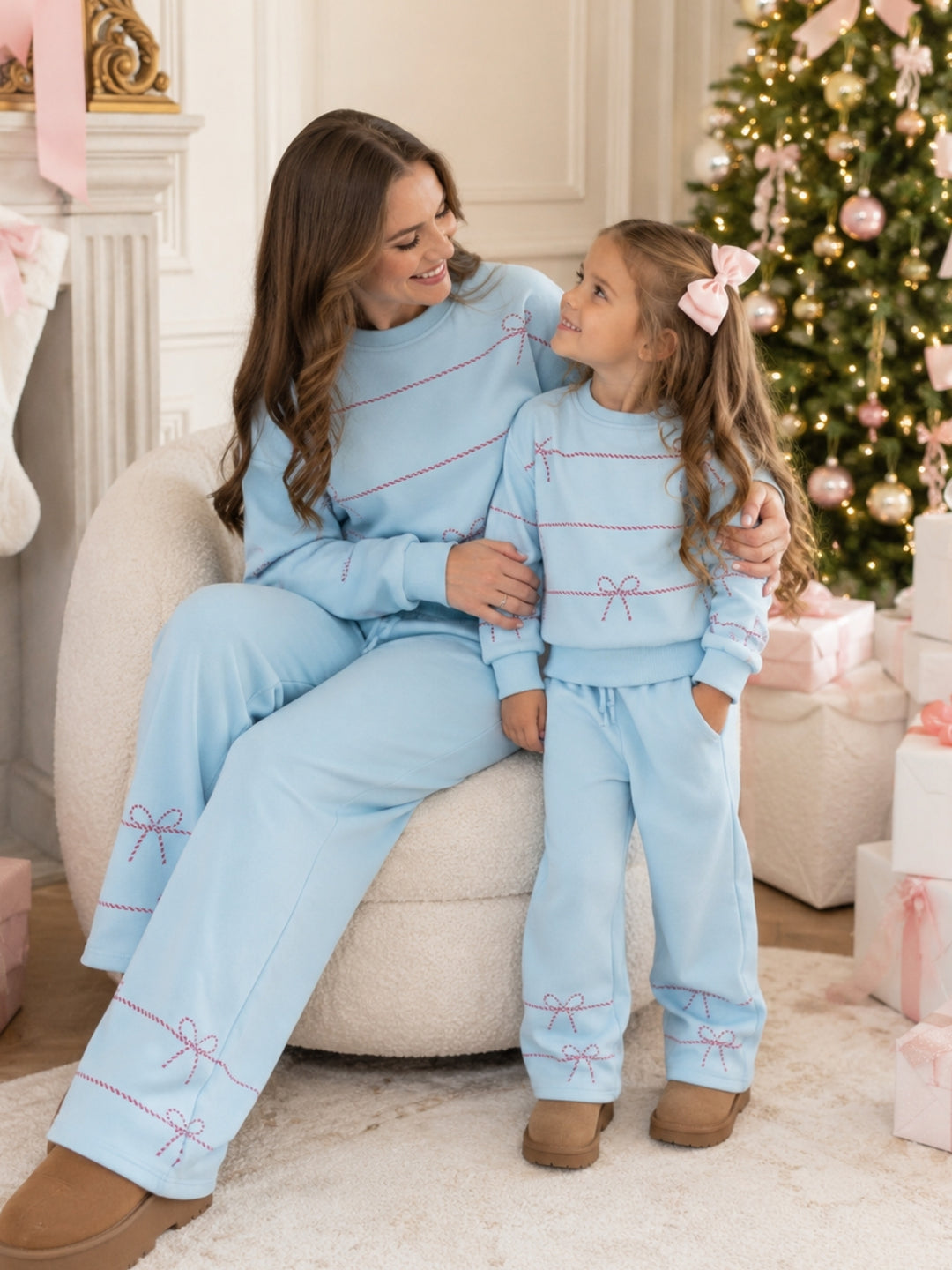 Mommy and Me Blue Sweet Bow Fleece Lounge Pant Set