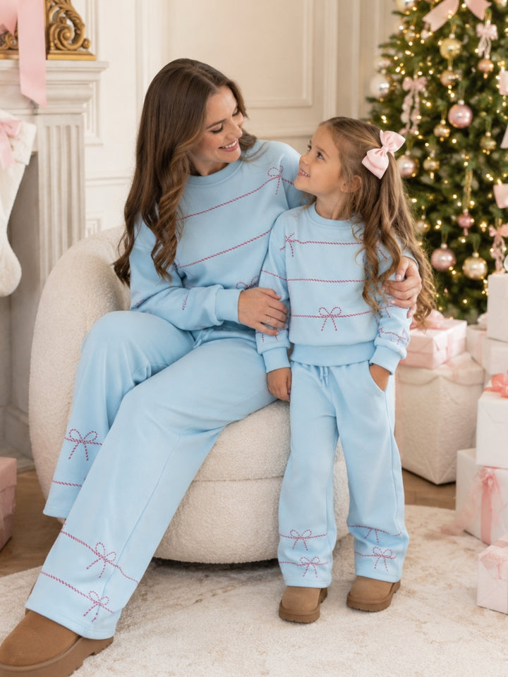 Mommy and Me Blue Sweet Bow Fleece Lounge Pant Set