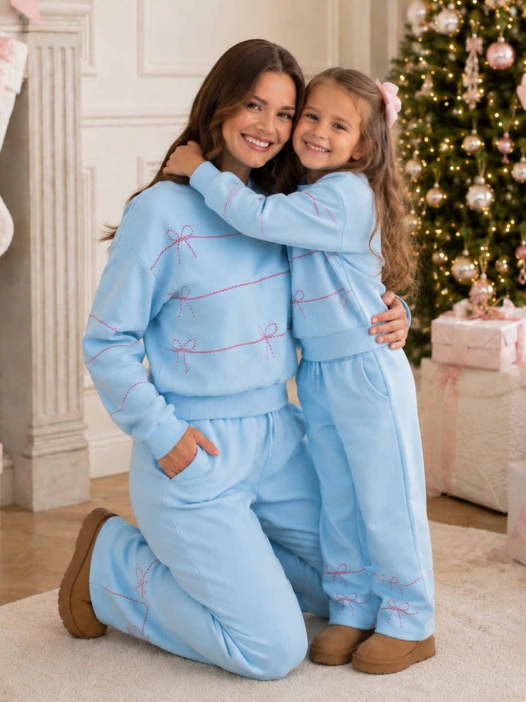 Mommy and Me Blue Sweet Bow Fleece Lounge Pant Set