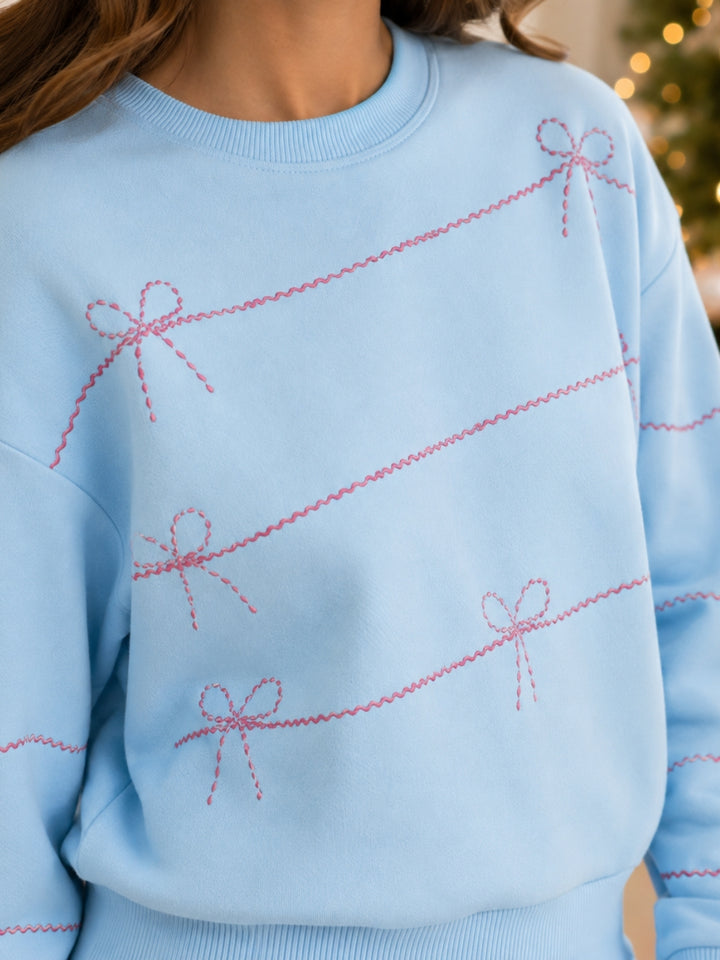 Mommy and Me Blue Sweet Bow Fleece Lounge Pant Set