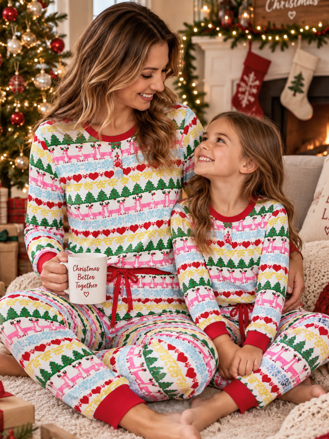 Mommy and Me Colorful Christmas Print Pajama Set