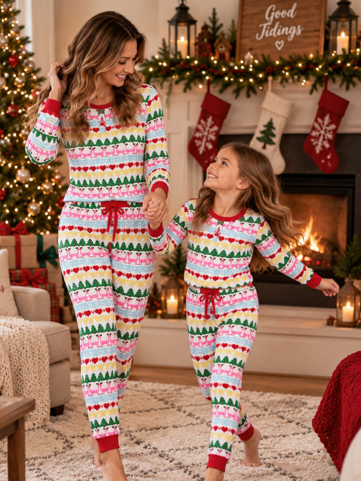 Mommy and Me Colorful Christmas Print Pajama Set