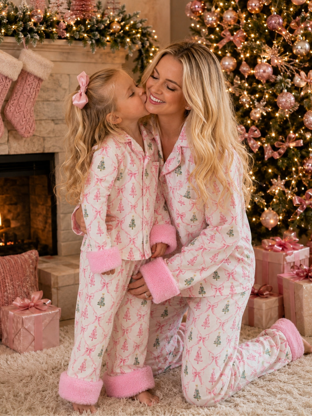 Mommy and Me Merry and Bright Pink Christmas Tree Pajama Set