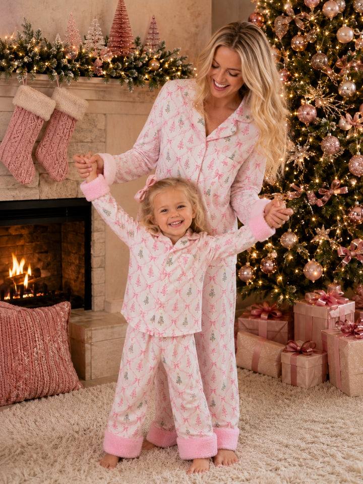 Mommy and Me Merry and Bright Pink Christmas Tree Pajama Set