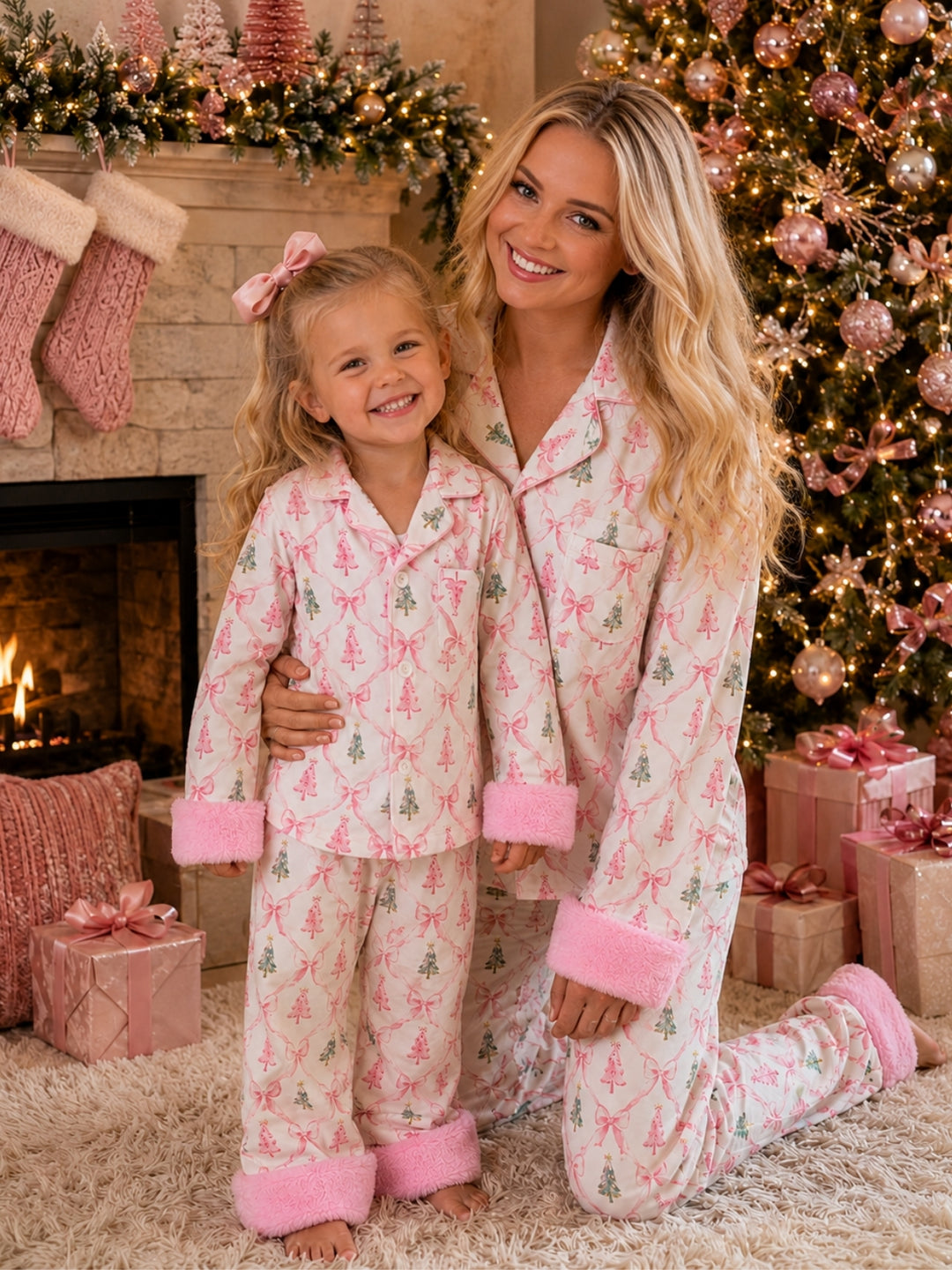 Mommy and Me Merry and Bright Pink Christmas Tree Pajama Set
