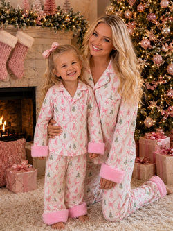 Mommy and Me Merry and Bright Pink Christmas Tree Pajama Set