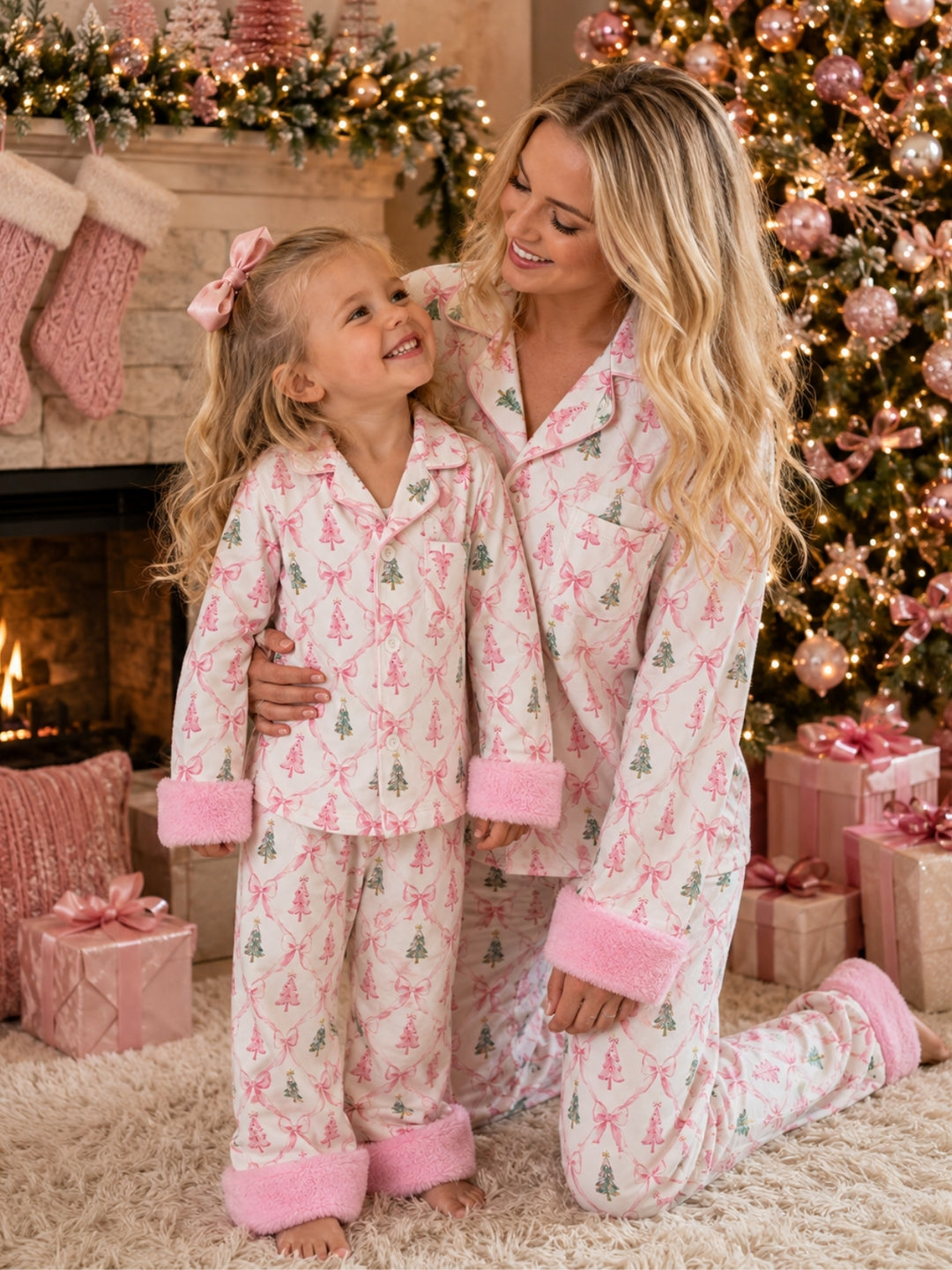 Mommy and Me Merry and Bright Pink Christmas Tree Pajama Set