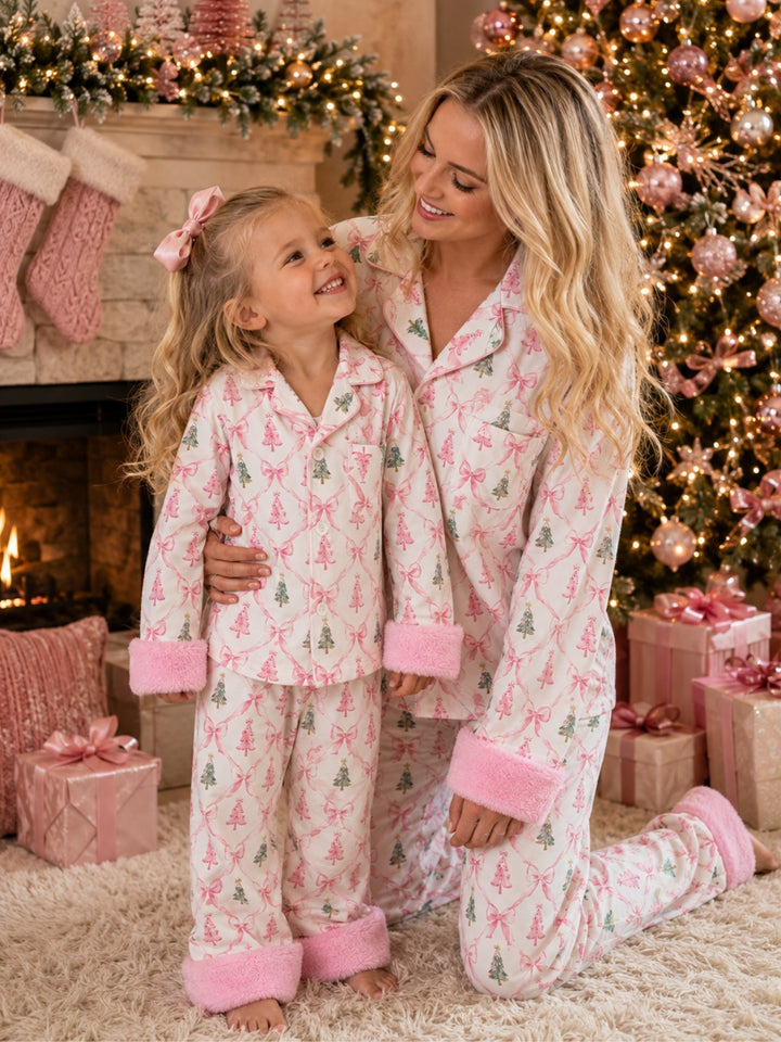 Mommy and Me Merry and Bright Pink Christmas Tree Pajama Set