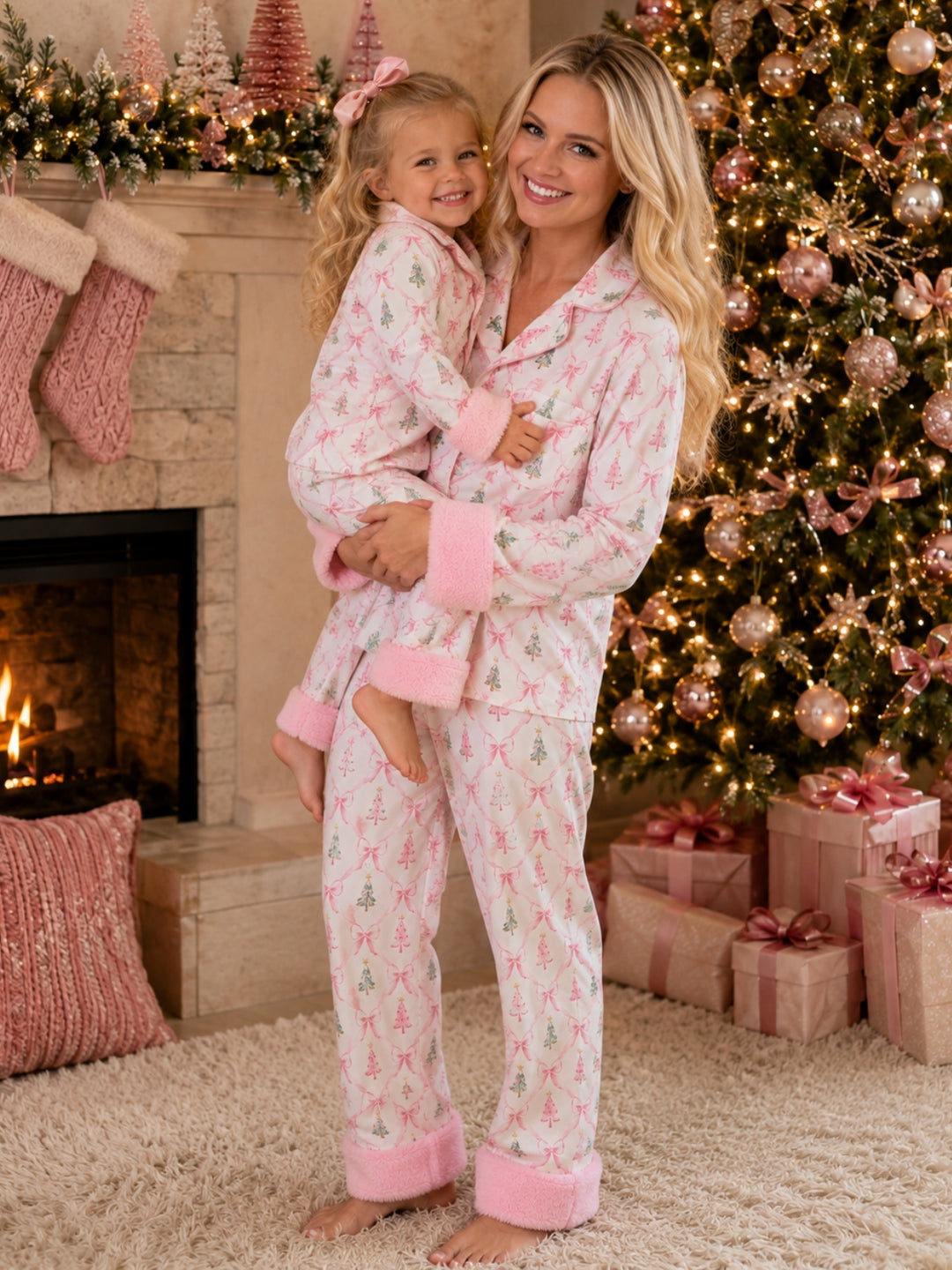 Mommy and Me Merry and Bright Pink Christmas Tree Pajama Set