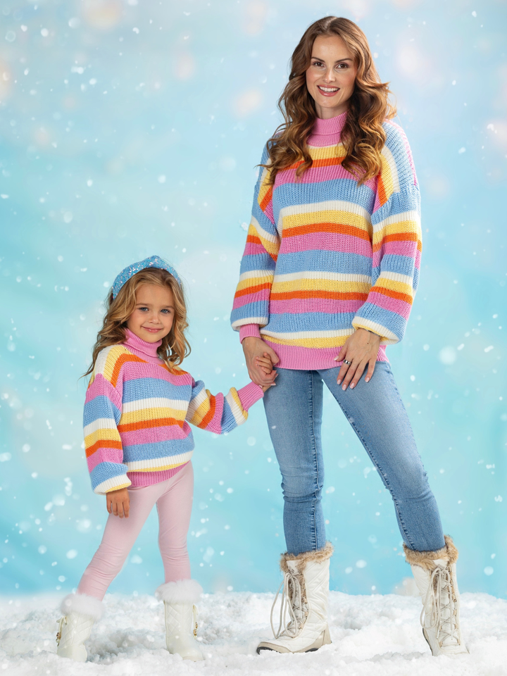 Mommy and Me Snow Day Stripes Balloon Sleeve Sweater