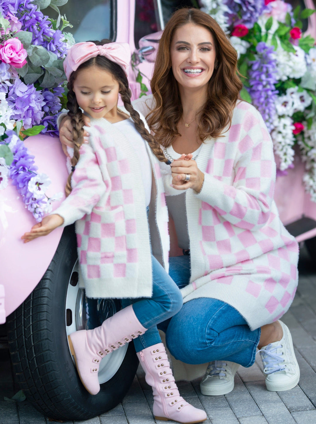 Mia Belle Girls Pink Checkered Open Cardigan | Mommy & Me Outfits