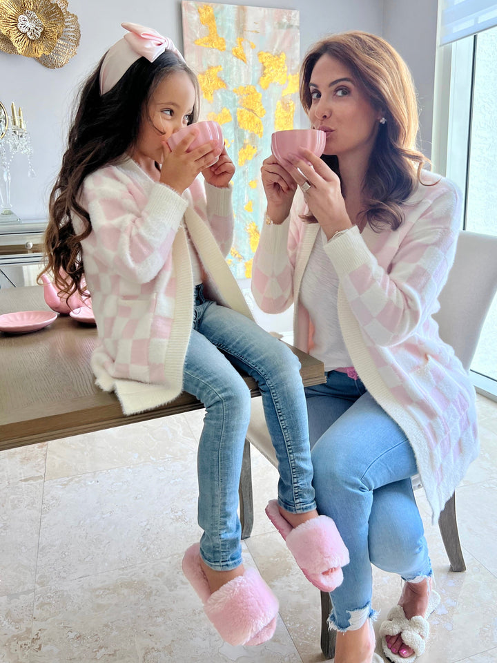 Mia Belle Girls Pink Checkered Open Cardigan | Mommy & Me Outfits