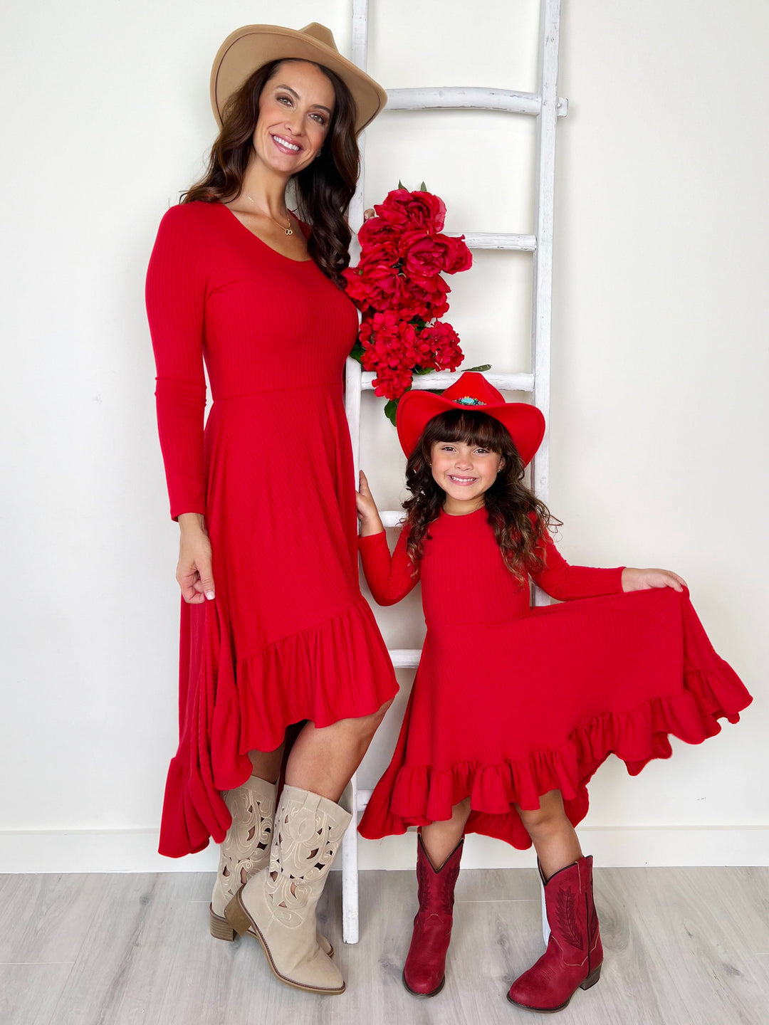 Mommy and Me Red Ruffled Rib Hi-Lo Twirl Dress Mia Belle Girls