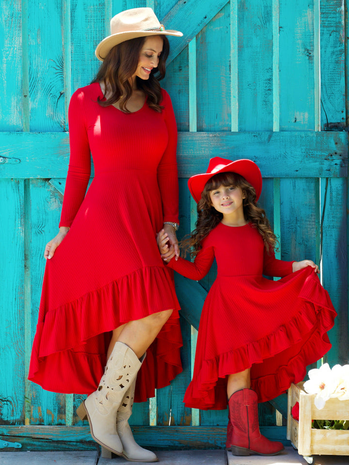 Mommy and Me Red Ruffled Rib Hi-Lo Twirl Dress Mia Belle Girls