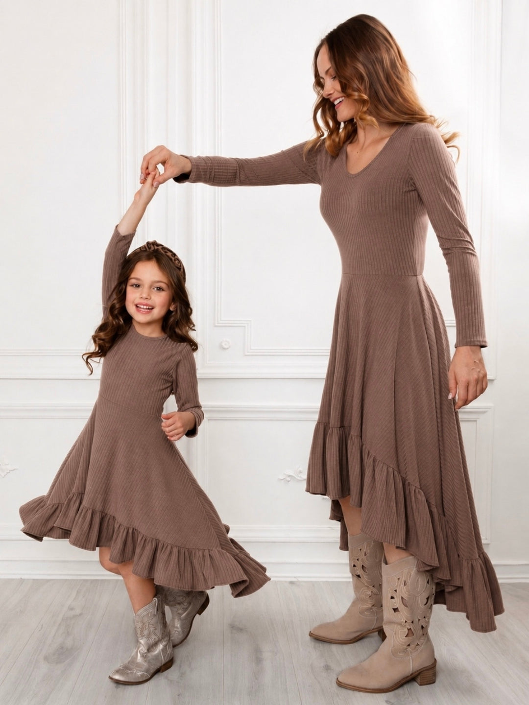 Mommy and Me Brown Ruffled Rib Hi-Lo Twirl Dress