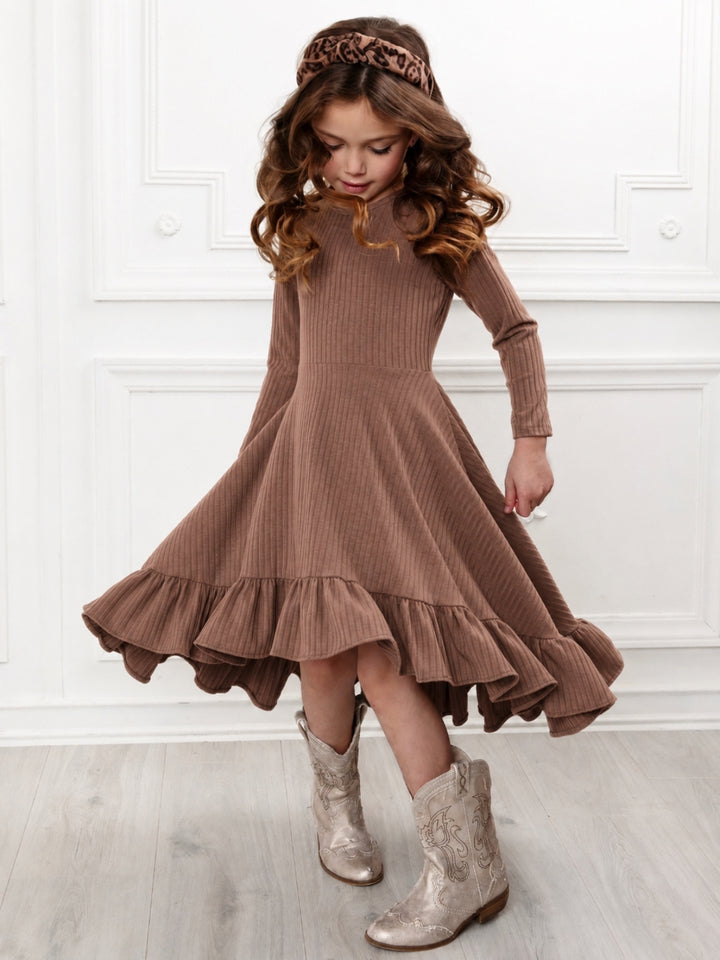 Mommy and Me Brown Ruffled Rib Hi-Lo Twirl Dress