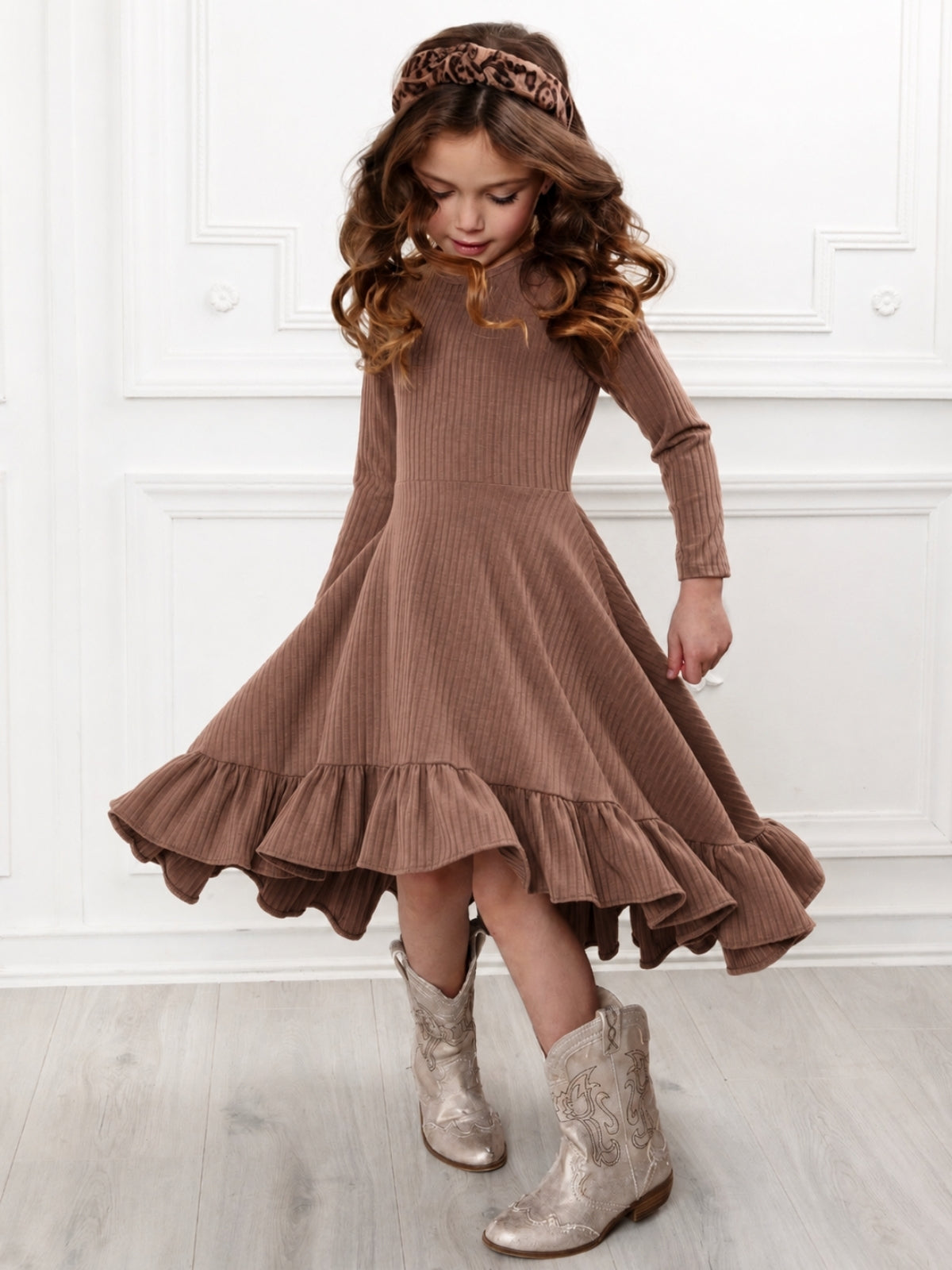 Mommy and Me Brown Ruffled Rib Hi-Lo Twirl Dress Brown / 7Y/8Y