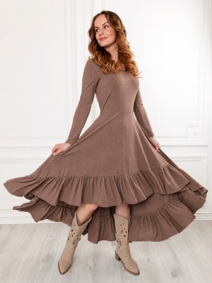 Mommy and Me Brown Ruffled Rib Hi-Lo Twirl Dress