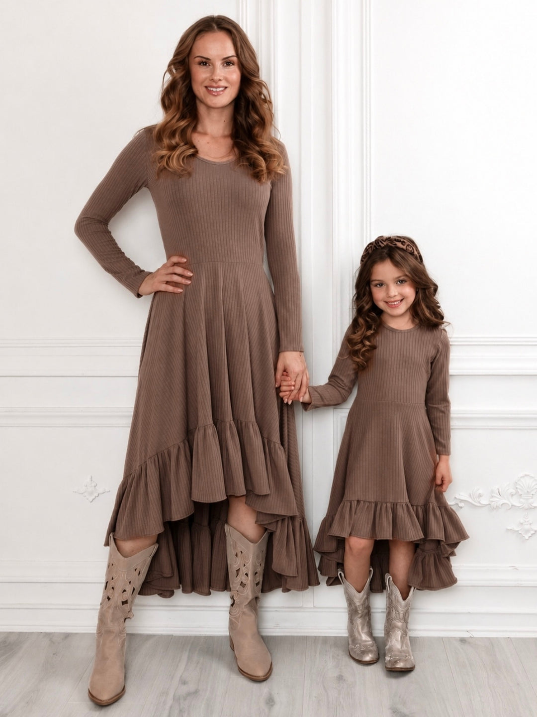 Mommy and Me Brown Ruffled Rib Hi-Lo Twirl Dress