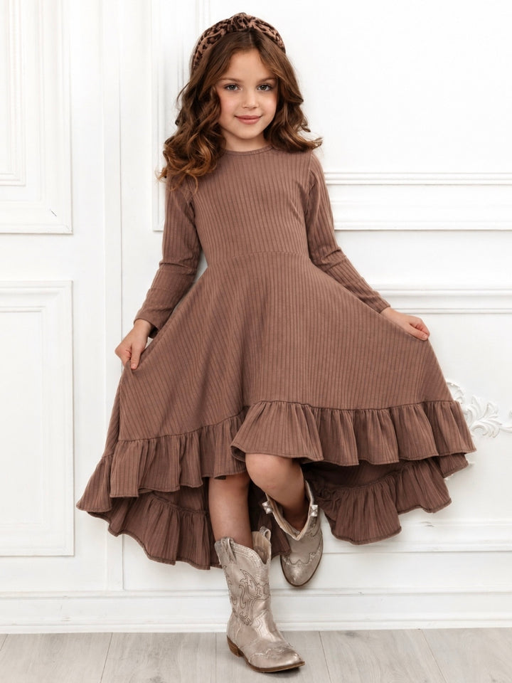 Mommy and Me Brown Ruffled Rib Hi-Lo Twirl Dress
