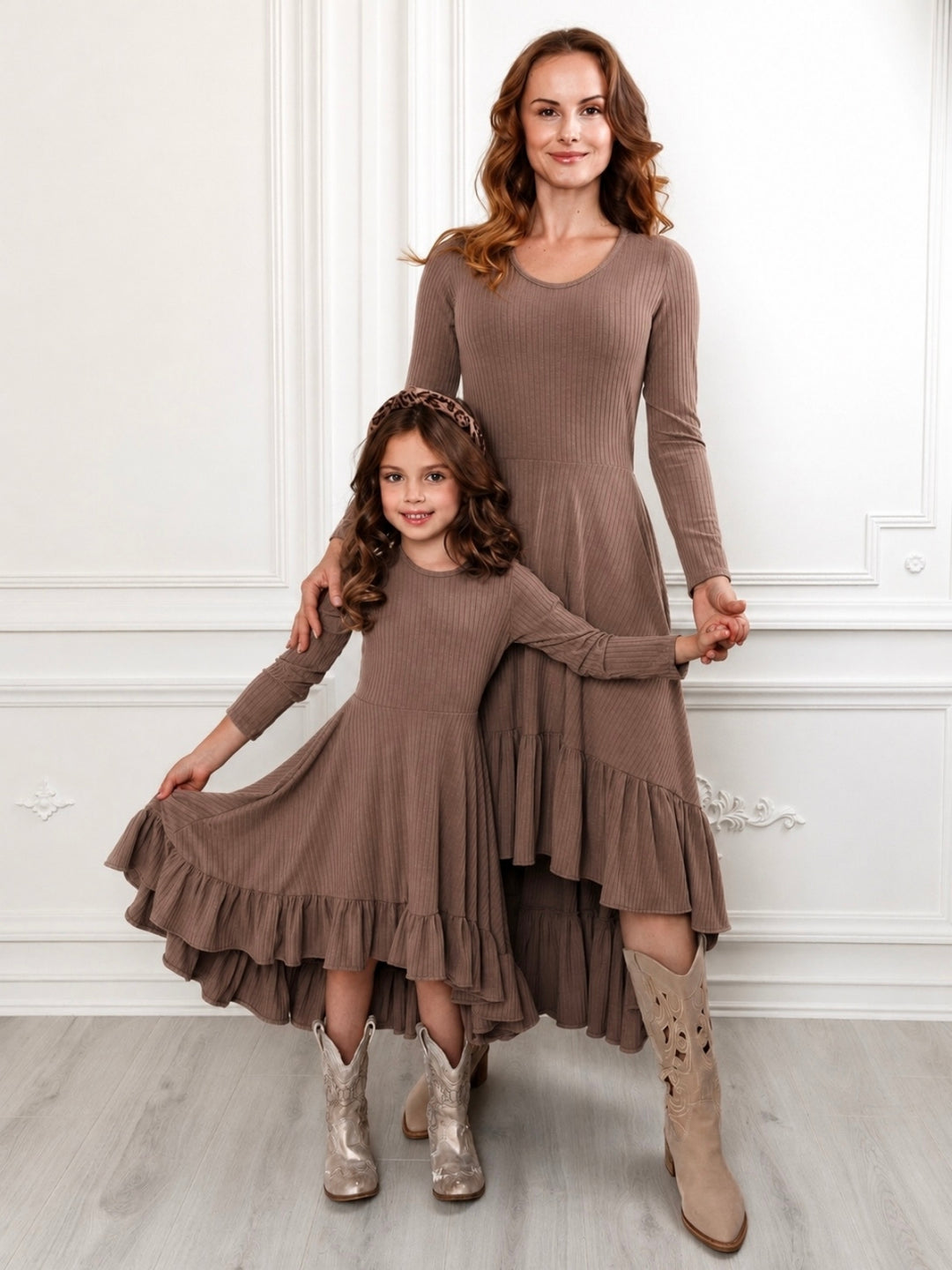 Mommy and Me Brown Ruffled Rib Hi-Lo Twirl Dress