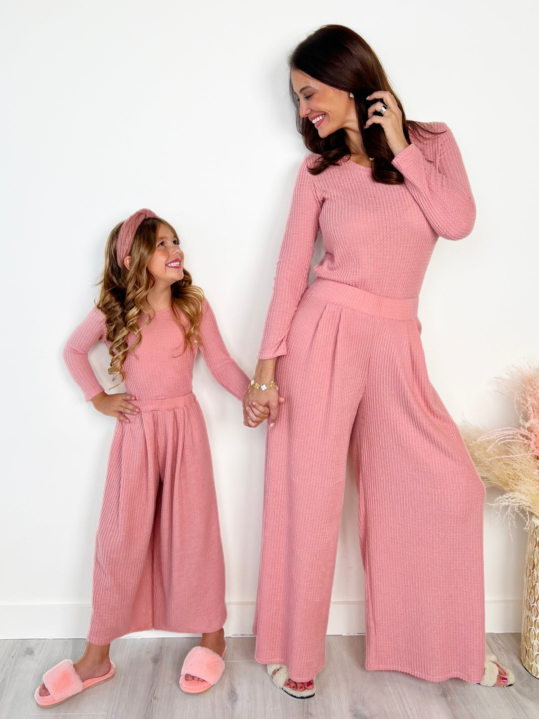 Mommy and Me Chic Pink Waffle Knit Pant Set Mia Belle Girls