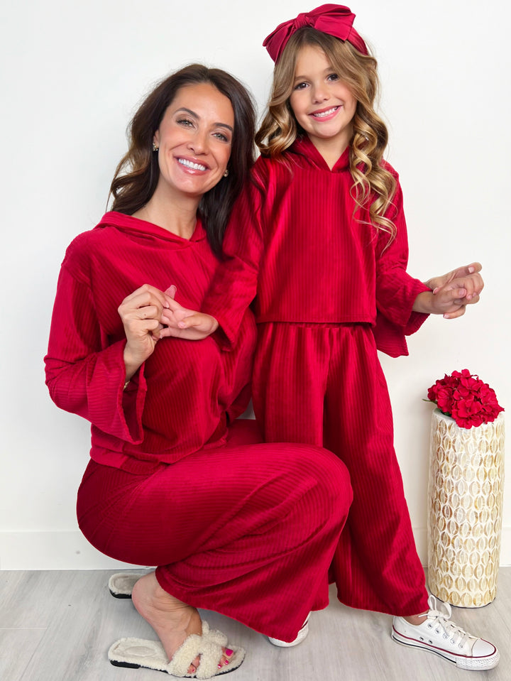Mommy and Me Cozy Luxe Red Velvet Hooded Pant Set Mia Belle Girls