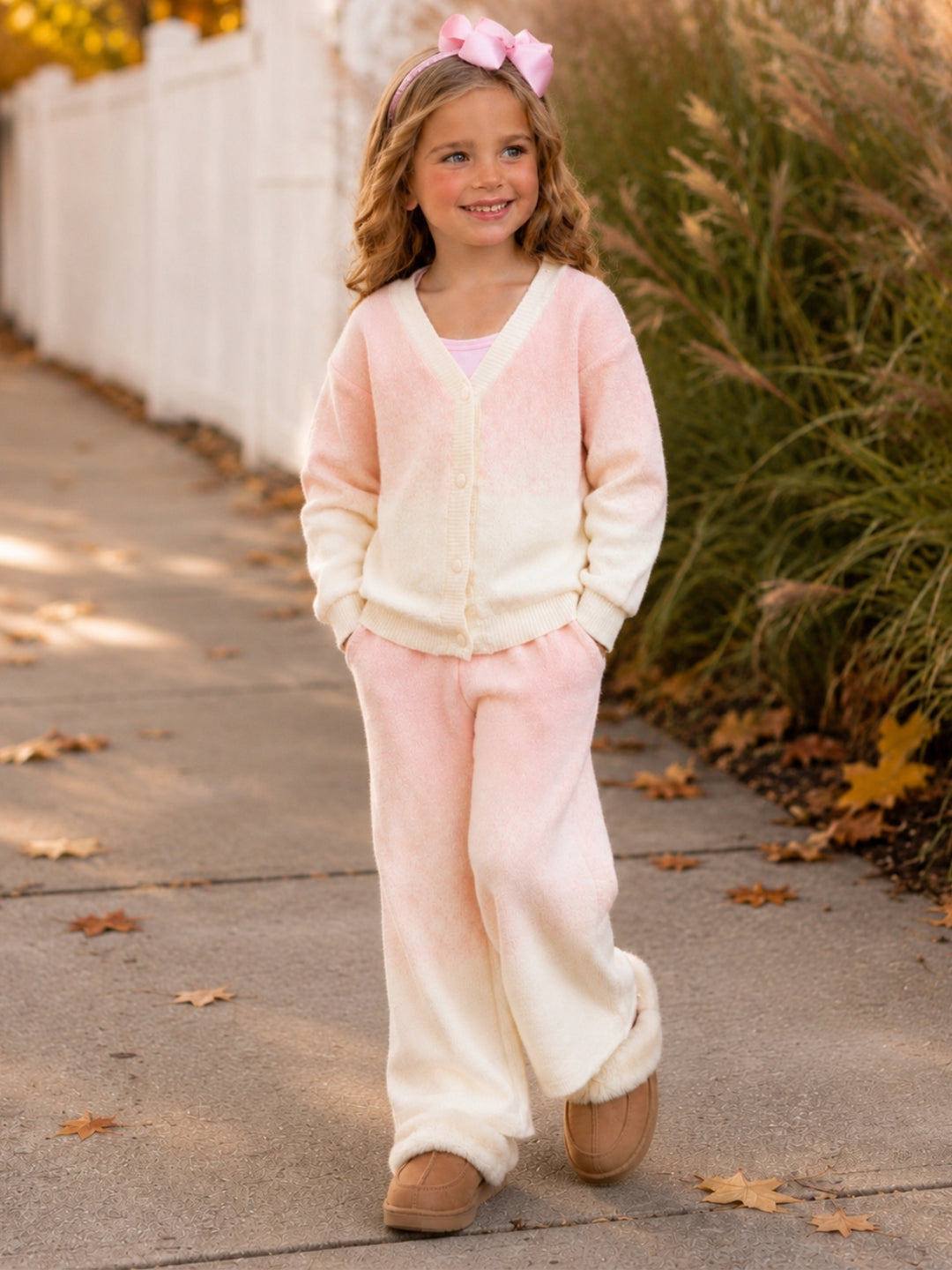 Girl wearing a pink ombré plush lounge set with cardigan and wide-leg pants.