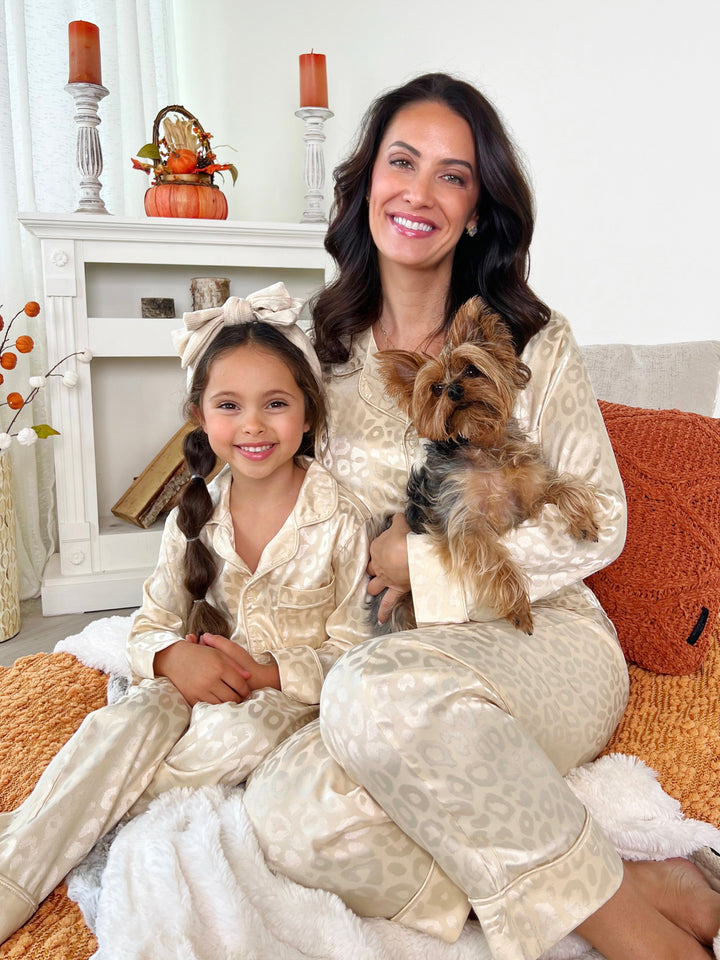 Mommy and Me Cream Leopard Print Silky Pajama Set Mia Belle Girls