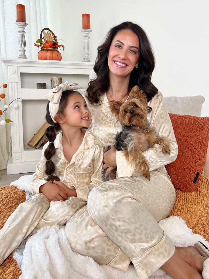 Mommy and Me Cream Leopard Print Silky Pajama Set Mia Belle Girls