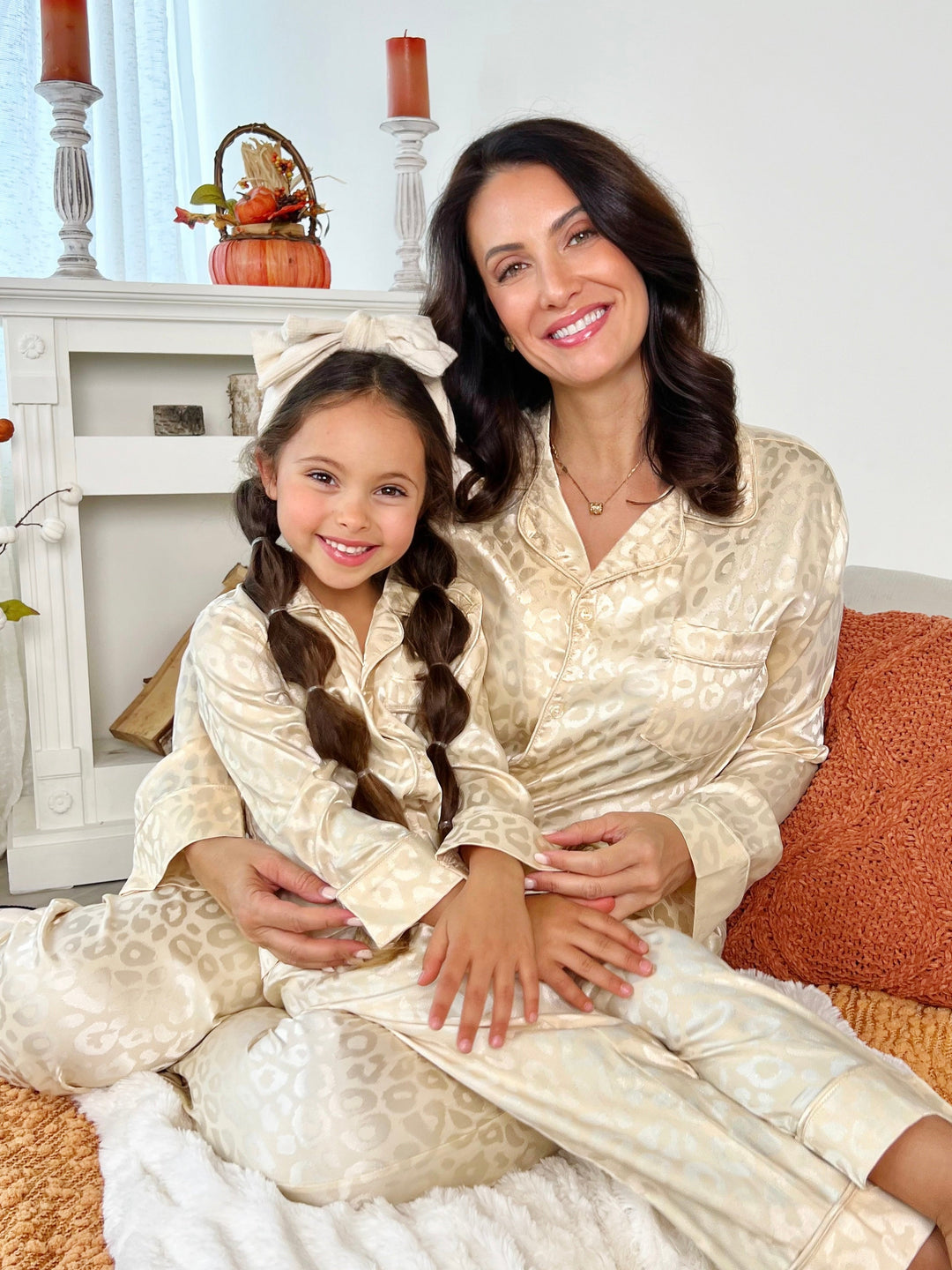 Mommy and Me Cream Leopard Print Silky Pajama Set Mia Belle Girls