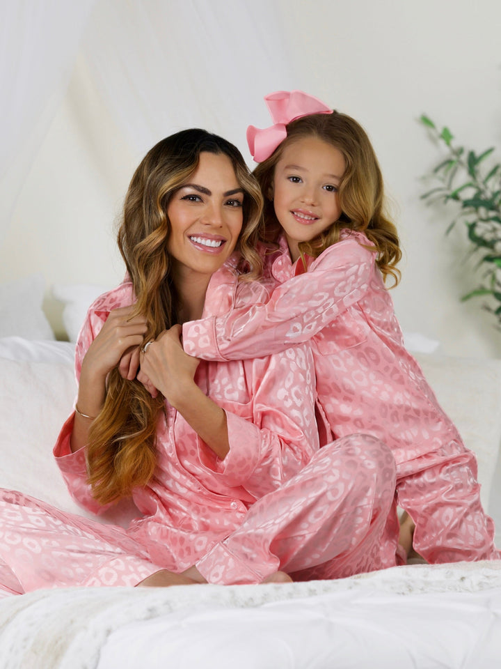 Mommy and Me Pink Leopard Print Silky Pajama Set Mia Belle Girls