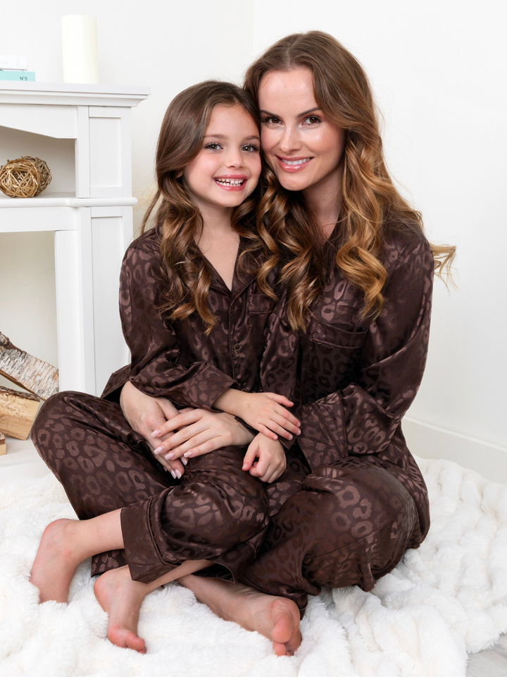 Mommy and Me Brown Leopard Print Silky Pajama Set Mia Belle Girls