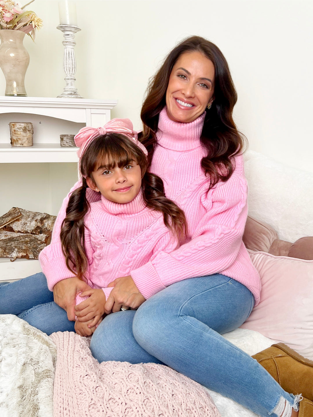 Mommy and Me Pink Oversized Cable Knit Sweater Mia Belle Girls