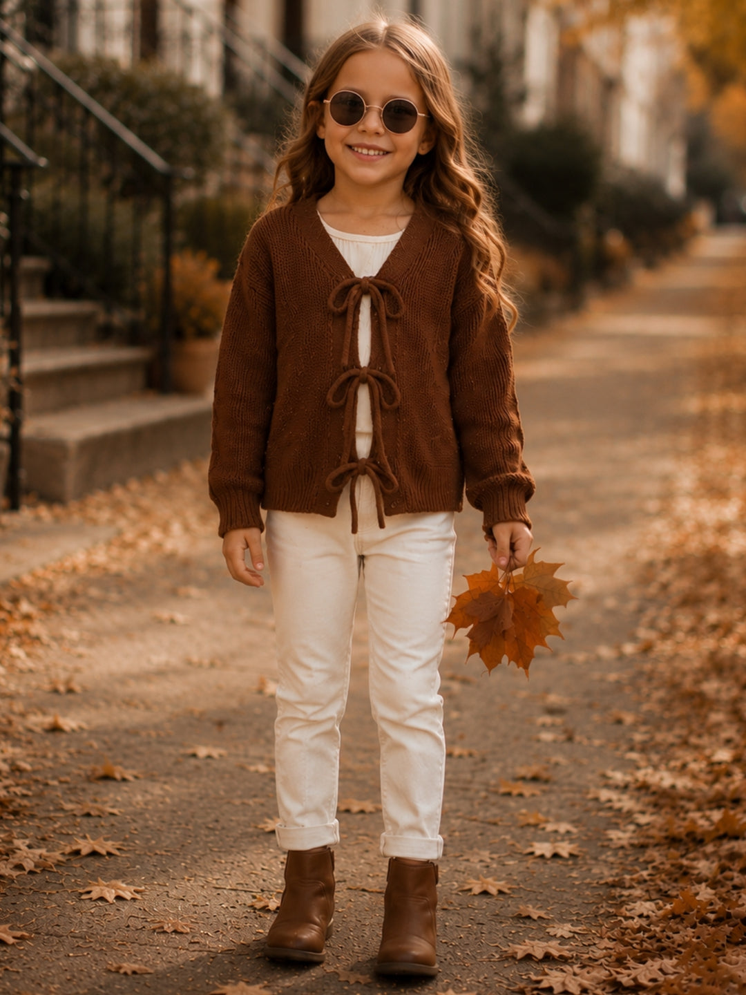 Girls fall layering cardigan in cocoa brown.