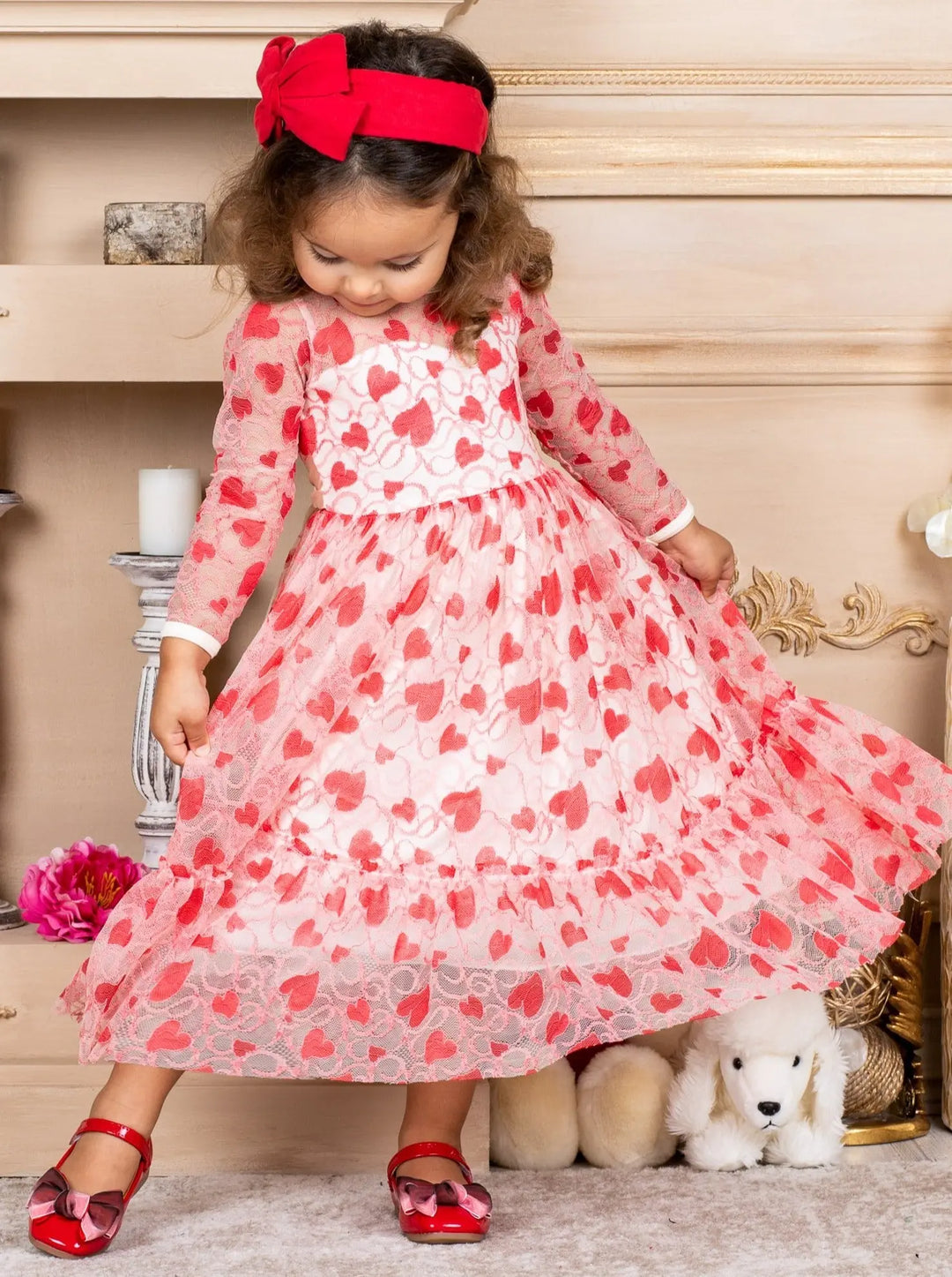 Girls Heart Lace Ruffled Dress with Sash