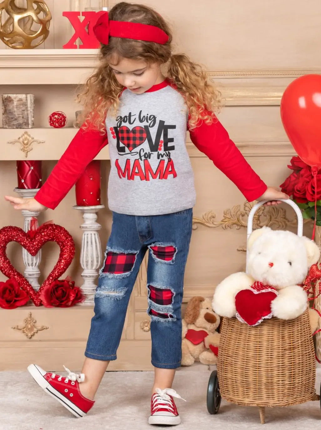 Toddler Valentine's Clothes | Raglan Top & Plaid Patched Jeans Set 