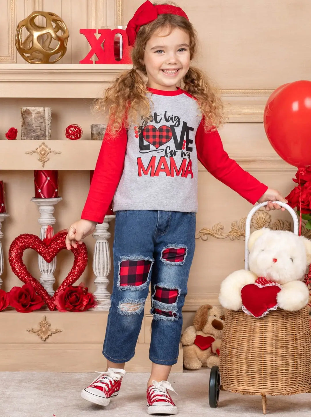 Toddler Valentine's Clothes | Raglan Top & Plaid Patched Jeans Set 