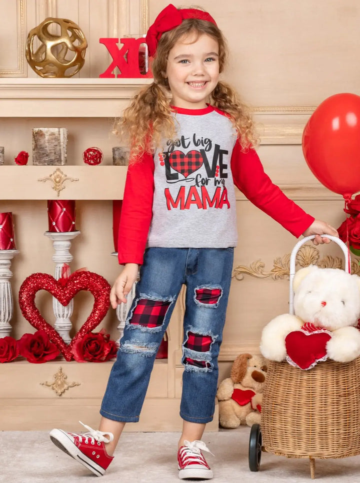 Toddler Valentine's Clothes | Raglan Top & Plaid Patched Jeans Set 