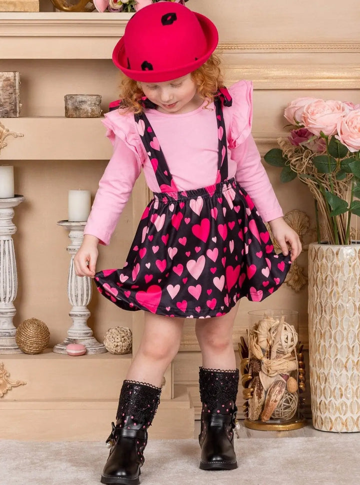 Kids Valentine's Clothes | Pink Ruffle Top & Heart Suspender Skirt Set