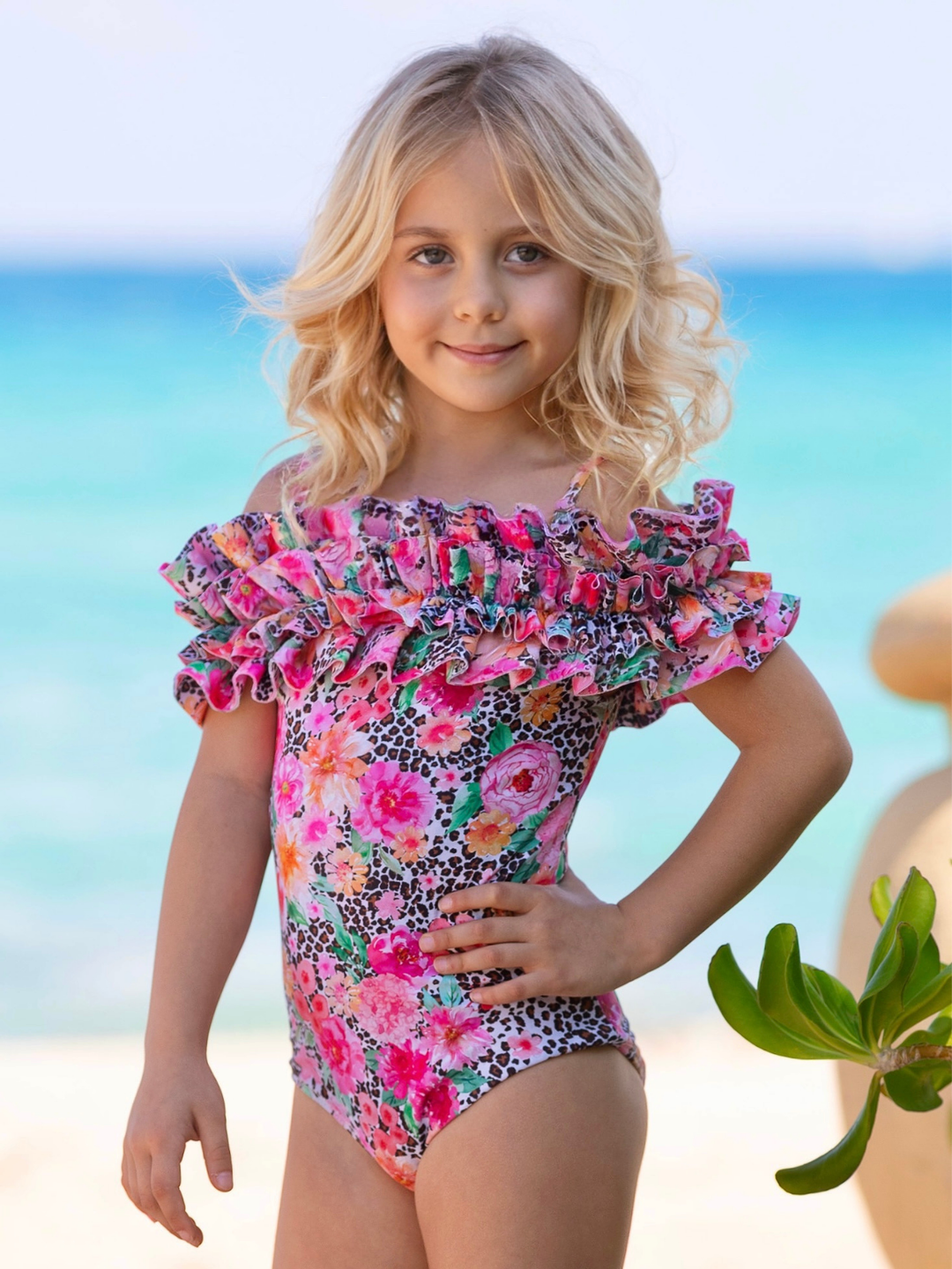 Mommy and Me Leopard Ruffle Shoulder One Piece Swimsuit Mia Belle Girls