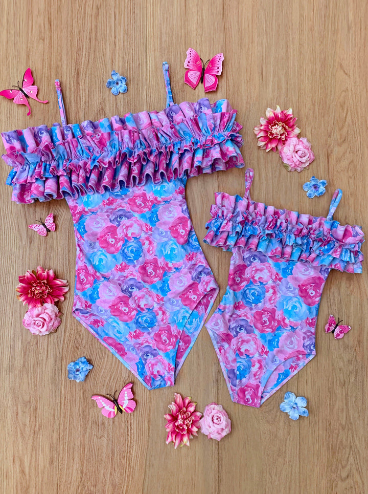Mommy And Me Ruffle Shoulder One Piece Swimsuit | Mia Belle Girls