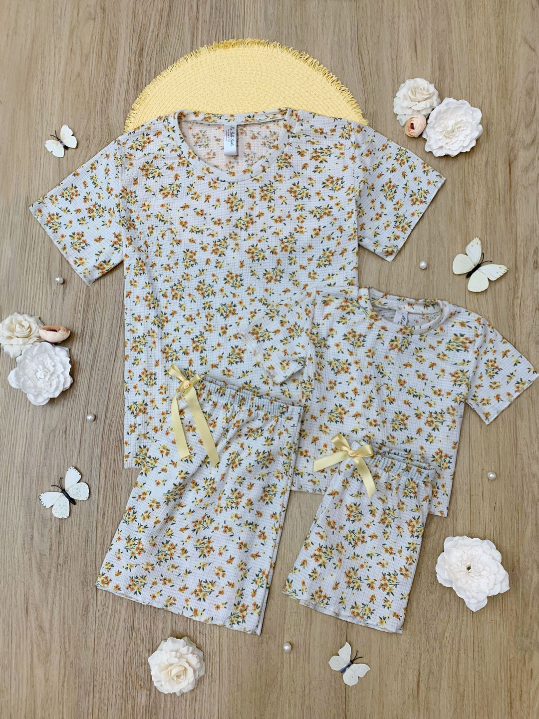 Mommy and Me Yellow Floral Ribbed Knit Loungewear Set