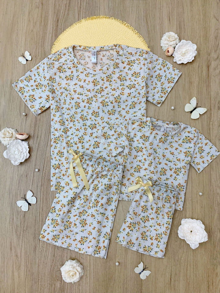 Mommy and Me Yellow Floral Ribbed Knit Loungewear Set