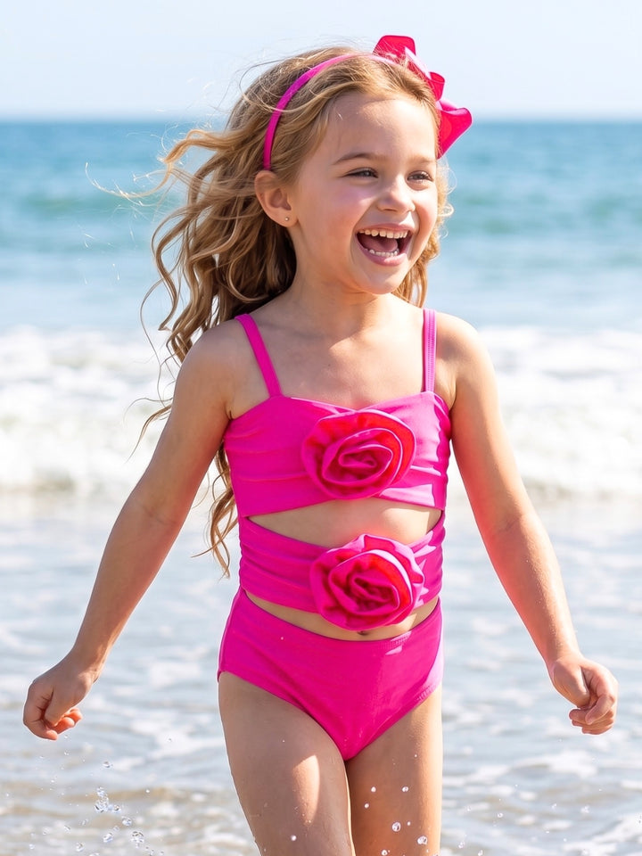 Pink Rosette Cutout One Piece Swimsuit