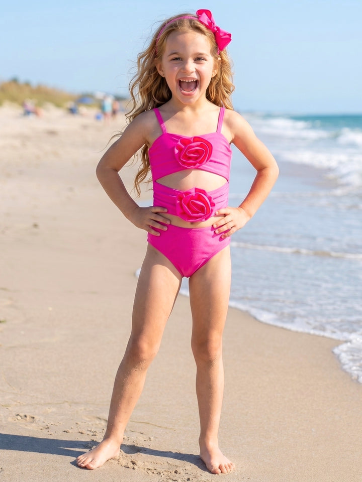 Pink Rosette Cutout One Piece Swimsuit