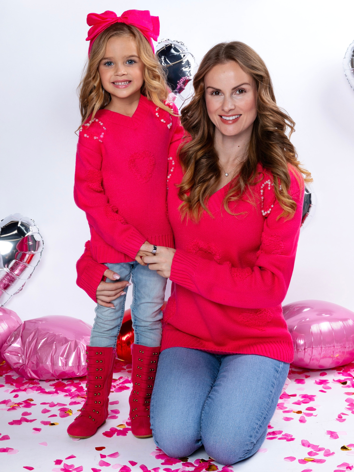 Mommy & Me Pearl Embroidered Heart Sweater Mia Belle Girls