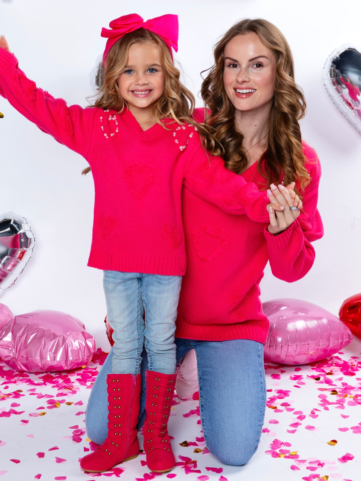 Mommy & Me Pearl Embroidered Heart Sweater Mia Belle Girls